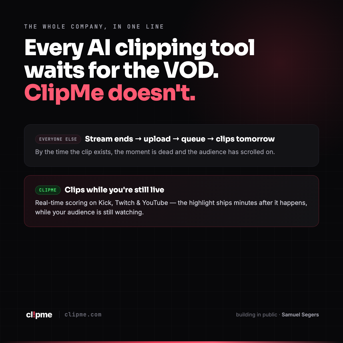 Every AI clipping tool waits for the VOD. ClipMe clips your stream while you're still live.